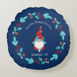 Gnome Sweet Gnome Modern Elf Floral Wreath Blue Round Pillow