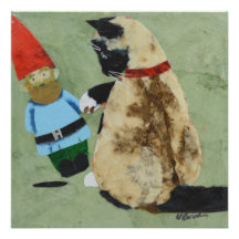 Gnome Tipping, 20x20 square poster. Cat! Gnome!
