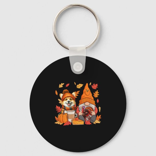 Gnome Turkey Corgi Thanksgiving Fall Leaves Pumpki Keychain (Front)