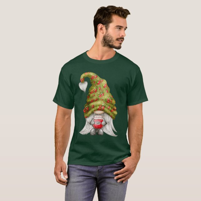 Gnome Wearing Strawberry Knit Hat and Jam Unisex T-Shirt (Front Full)