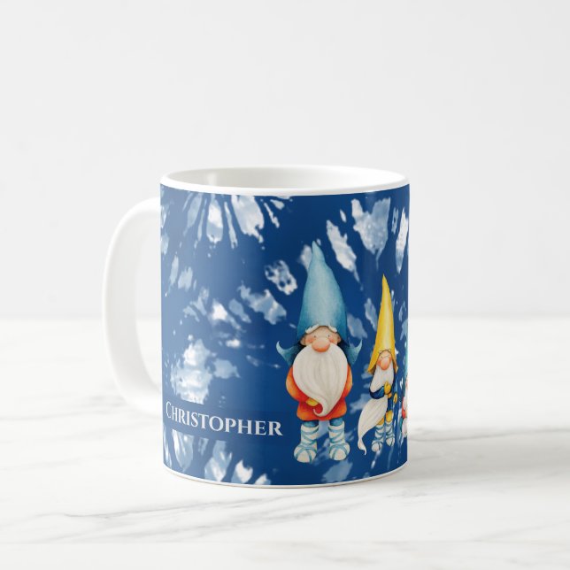 Gnome Whimsical Tie Dye Blue Monogram Coffee Mug (Front Left)