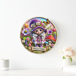 Gnome Whimsical Welcome Horloge : Imaginaire Flora