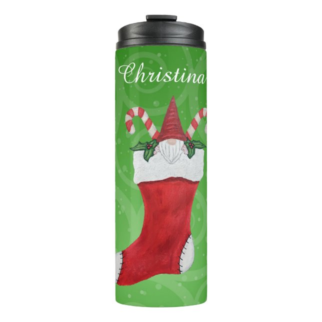 Gnome White Beard in Christmas Stocking on Swirls Thermal Tumbler (Front)