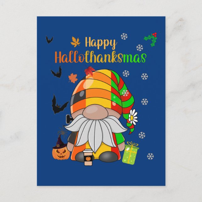 Gnome Wishing You a Happy Hallothanksmas Holiday Postcard (Front)