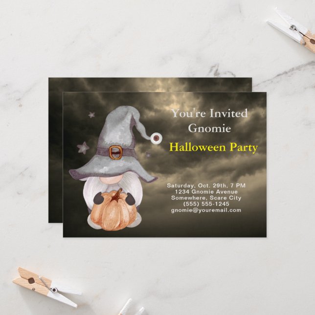 Gnome Witch Pumpkin Cloudy Sky Halloween Party Invitation (Front/Back In Situ)