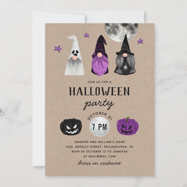 Gnome Witches, Ghost. Halloween Party Rustic Kraft Invitation (Front)