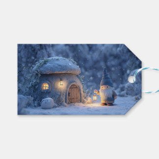 Gnome with a Lantern Outside a Snowy Stone Hut Gift Tags