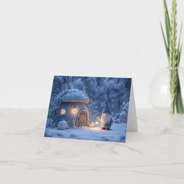 Gnome with a Lantern Outside a Snowy Stone Hut Holiday Card (Front)