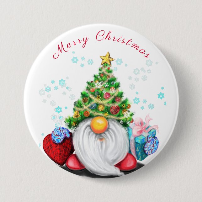 Gnome with Christmas Tree Hat and Gift Button (Front)