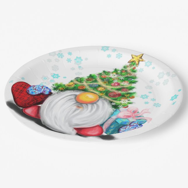 Gnome with Christmas Tree Hat and Gift For You Paper Plate (Angled)