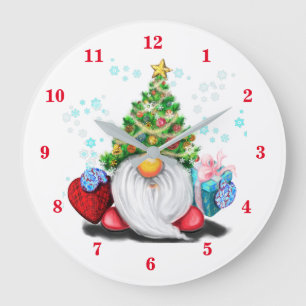 Gnome with Christmas Tree Hat and Gift - Fu Large Clock