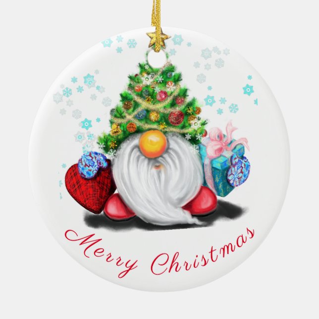 Gnome with Christmas Tree Hat and Gift Ornament (Back)