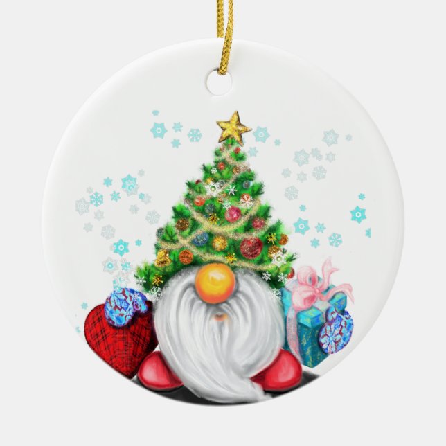 Gnome with Christmas Tree Hat and Gift Ornaments (Front)