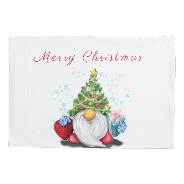 Gnome with Christmas Tree Hat and Gift Pillow Case (Back)