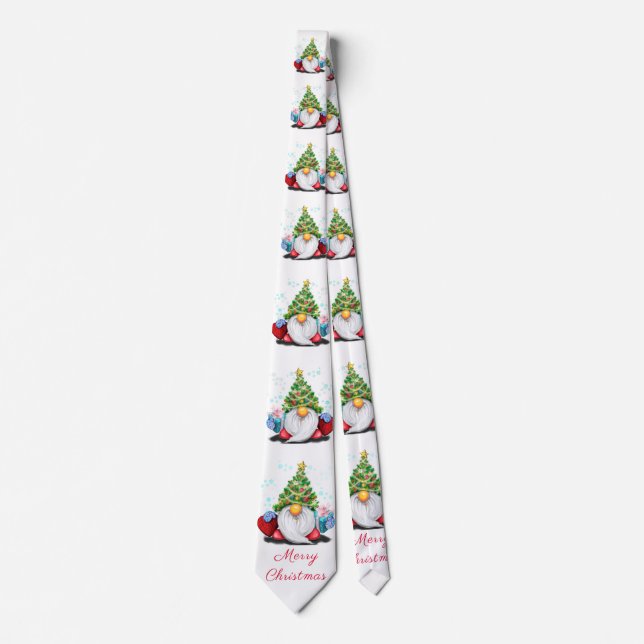 Gnome with Christmas Tree Hat and Gifts Neck Tie (Front)
