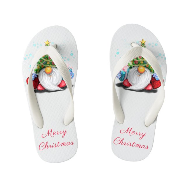 Gnome with Christmas Tree Hat  Kid's Flip Flops (Footbed)