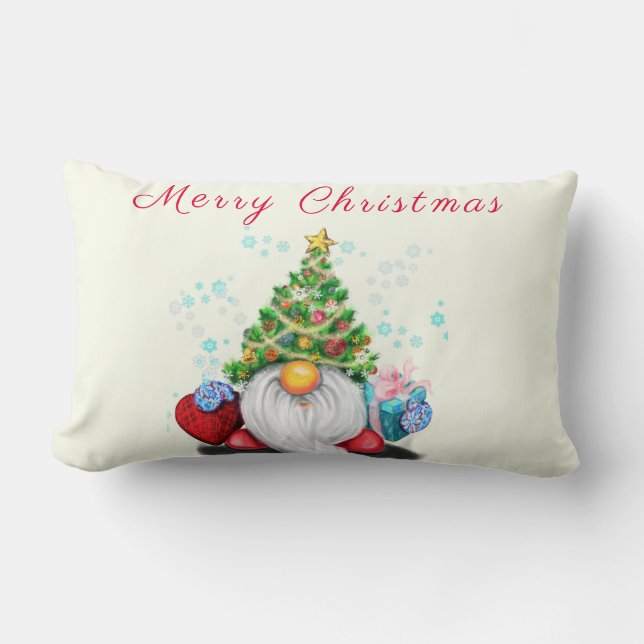 Gnome with Christmas Tree Hat Lumbar Pillow (Front)