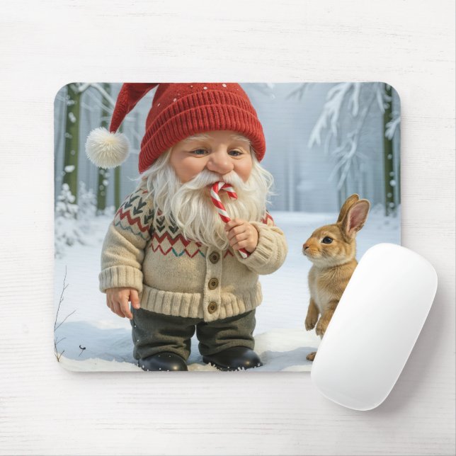 Gnome With Enjoying a Candy Cane In Snowy Forest Mouse Pad (With Mouse)