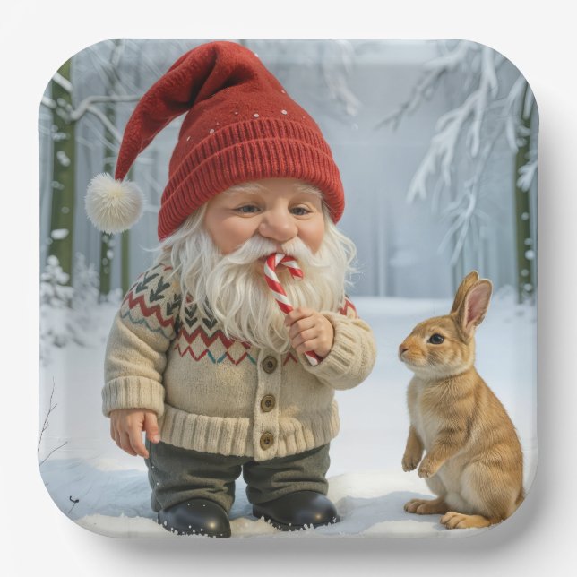 Gnome With Enjoying a Candy Cane In Snowy Forest Paper Plate (Front)