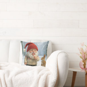 Gnome With Enjoying a Candy Cane In Snowy Forest Throw Pillow
