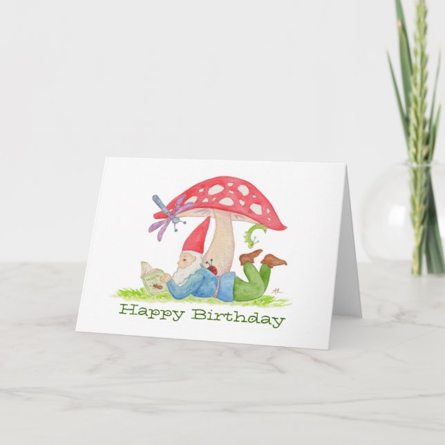 Gnome with Flower Book birthday card (Front)