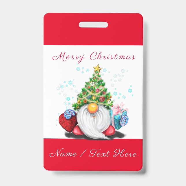Gnome with Gift Christmas Custom Name Badge (Front)