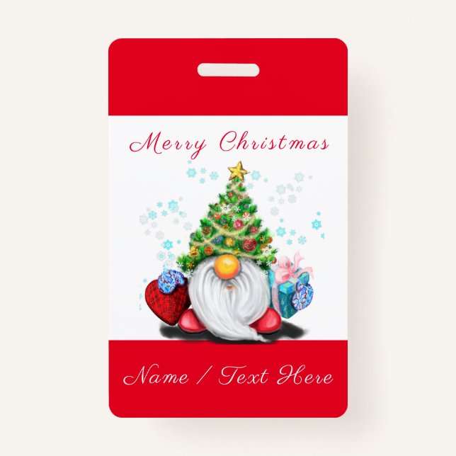 Gnome with Gift Christmas Custom Name Badge (Front)