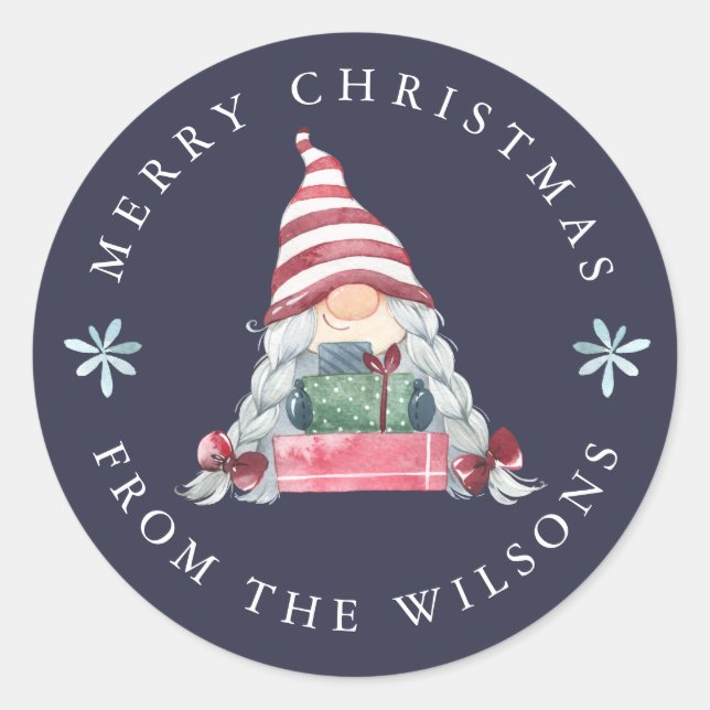 Gnome with Gifts Merry Christmas Classic Round Sticker (Front)
