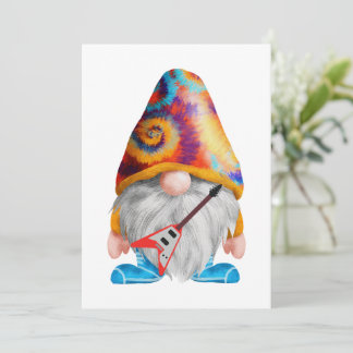 Gnome with guitar and colourful hat on a  invitation