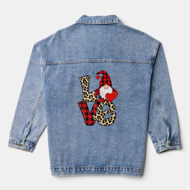 Gnome With He Leopard Buffalo Plaid Valentine S Da Denim Jacket (Back)