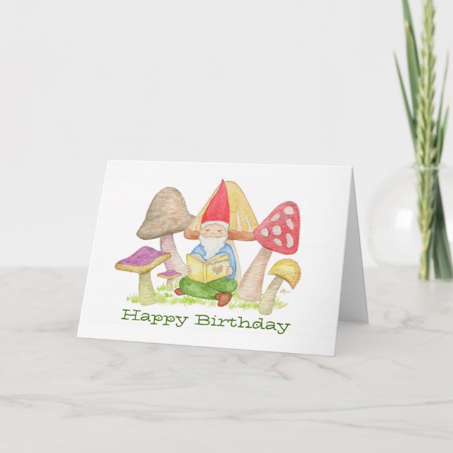 Gnome with Mushroom Book birthday card (Front)