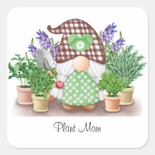 Gnome with pigtails purple lilacs plant mom square sticker