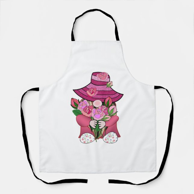 Gnome with pink roses Valentine day flower fairy Apron (Front)