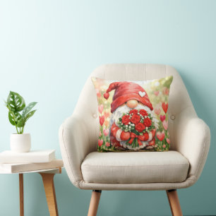 Gnome with Red Roses In a Garden Throw Pillow