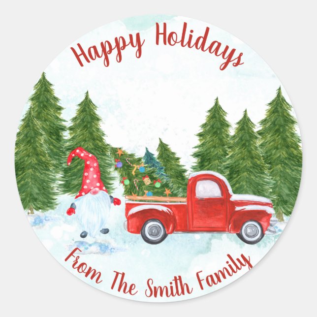 Gnome with Red Truck Holiday Classic Round Sticker (Front)