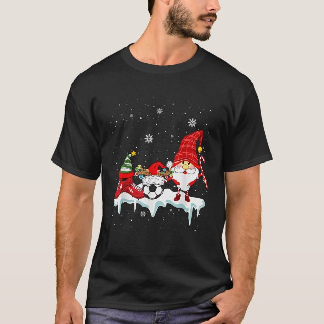 Gnome With Santa Elf Reindeer Soccer Tools Xmas Pl T-Shirt (Front)