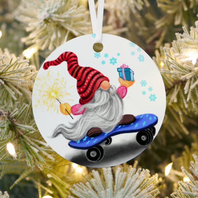 Gnome with Skateboard Christmas Ornament (Insitu)
