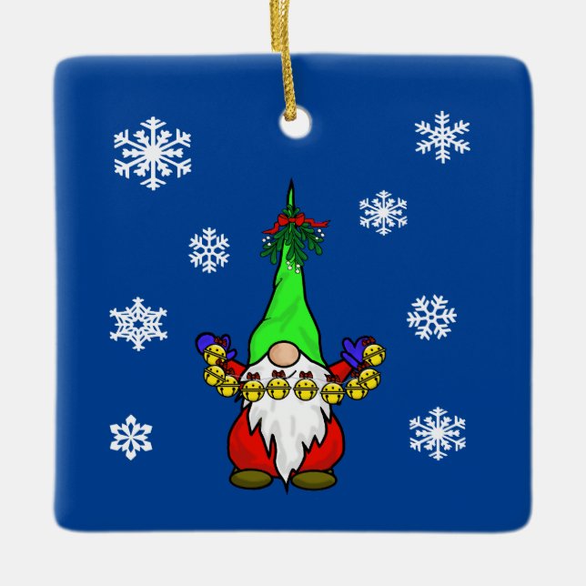 Gnome with Sleigh Bells Story Christmas Ornament (Front)
