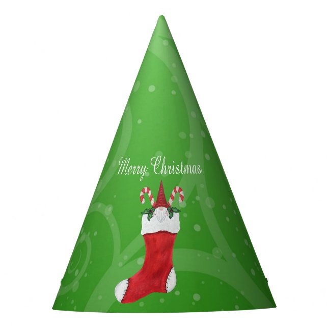 Gnome With White Beard in Christmas Stocking Green Party Hat (Front)