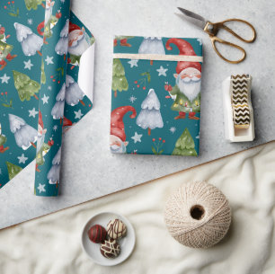 Gnome Wrapping Paper Teal Watercolor