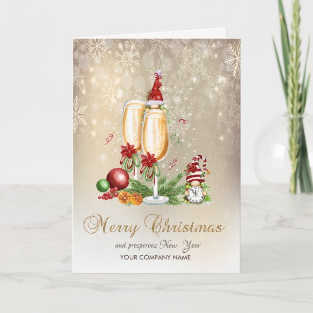 Gnomes Champagne Glass Balls Snowflakes Holiday Card (Front)