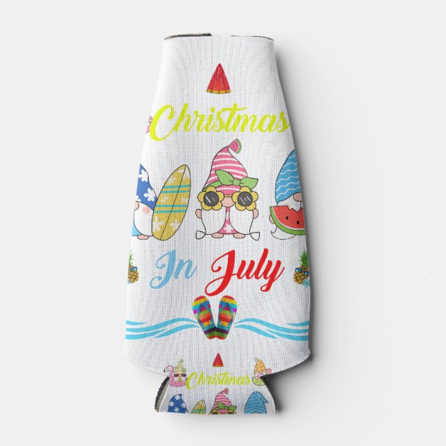 Gnomes Christmas In July Summer Funny Bottle Cooler (Front)