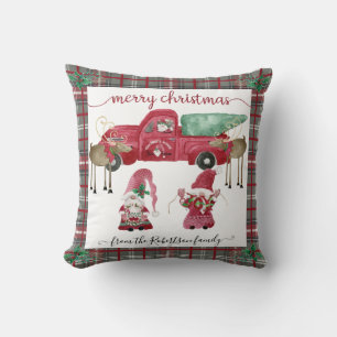 Gnomes Christmas Tree Farm Red Truck Grey Plaid Throw Pillow