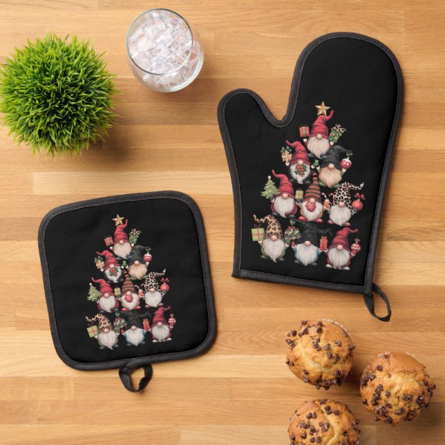 Gnomes Christmas Tree Funny Xmas Holidays Oven Mitt & Pot Holder Set (Top Down)