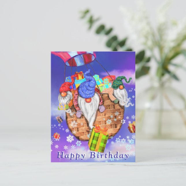 Gnomes de carte d'anniversaire volant avec ballon (Debout devant)