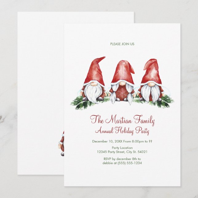 Gnomes de Noël mignons, invitations de fêtes de va (Devant / Derrière)