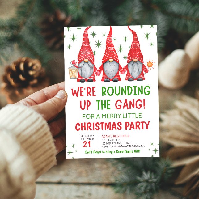 Gnomes Fun Fête de Noël Invitation (We're Rounding up the Gang Gnomes Fun Holiday Christmas Party Invitation)