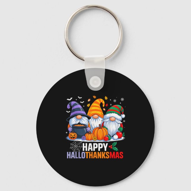 Gnomes Halloween Thanksgiving Christmas Happy Hall Keychain (Front)