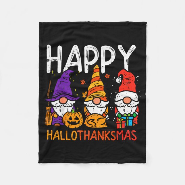 Gnomes Happy Hallothanksmas Halloween Thanksgiving Fleece Blanket (Front)