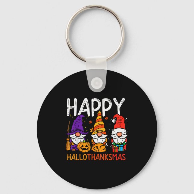 Gnomes Happy Hallothanksmas Halloween Thanksgiving Keychain (Front)